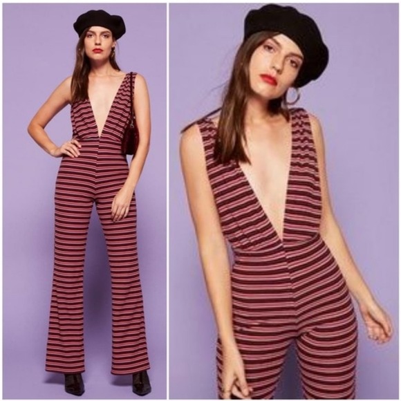 Reformation Vice Deep V Neck Striped Wide Leg Jumpsuit Women’s Petite Size XS - Picture 3 of 14